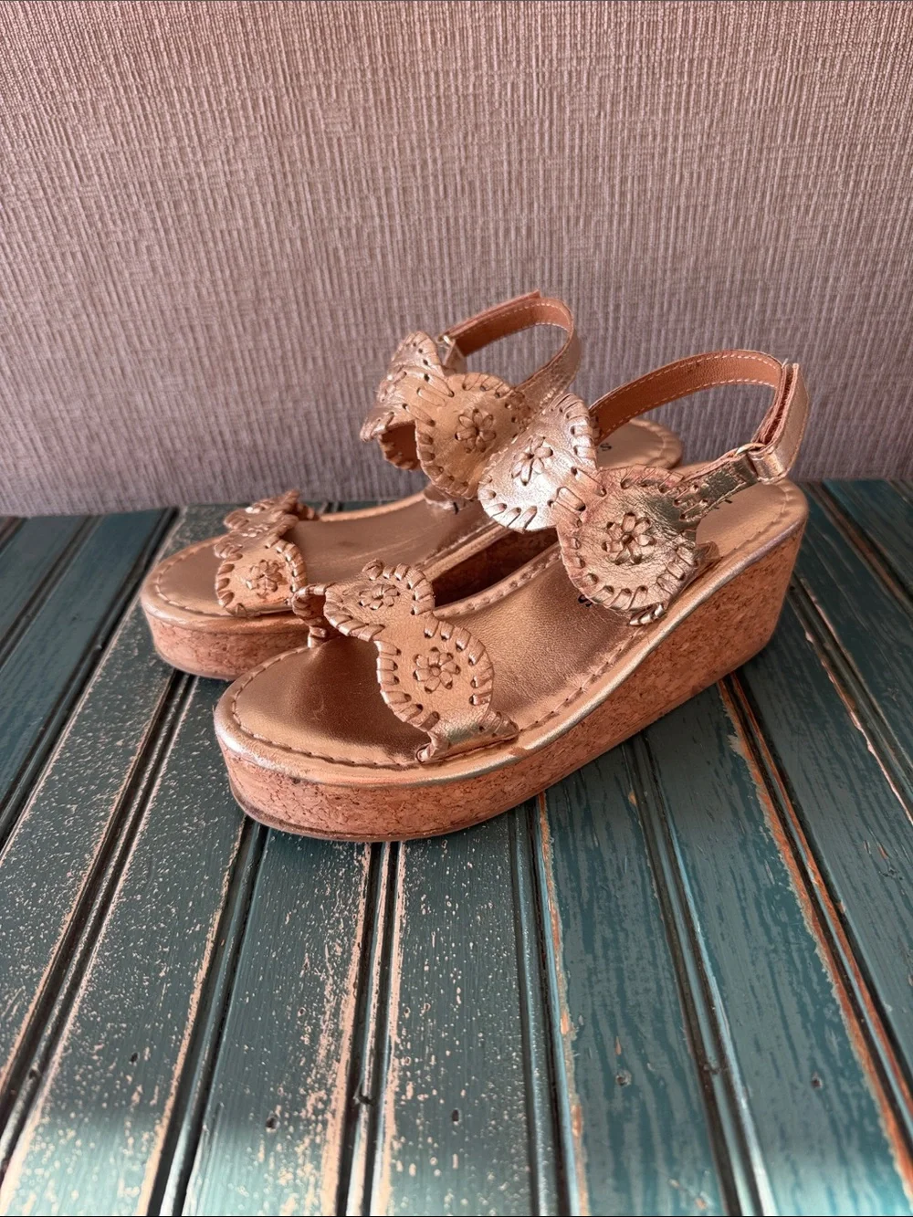 Girls Jack Rogers Metallic Gold Wedge Sandals with Floral Cutouts